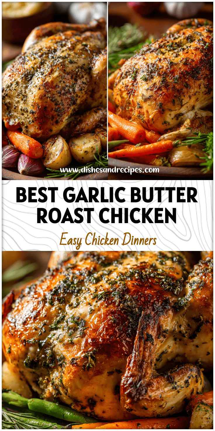 A golden moist roast chicken with herbs and garlic butter rub surrounded by fresh vegetables on a rustic platter.